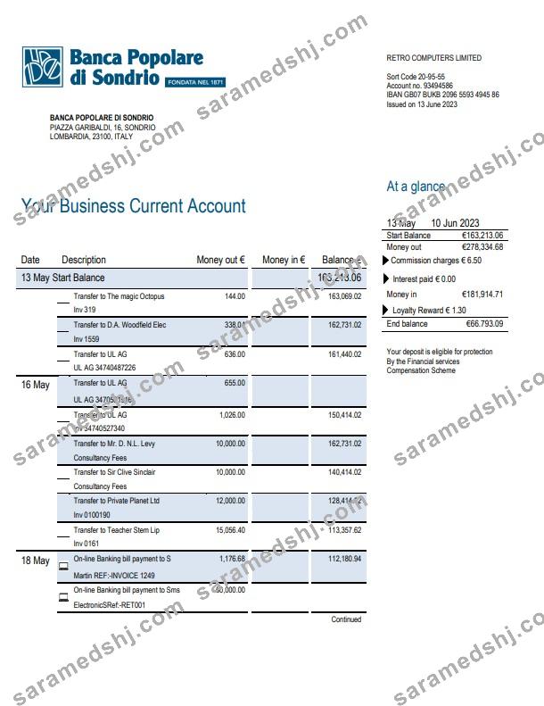 Banca Populaire di Sondrio Business Bank statement Word and PDF template